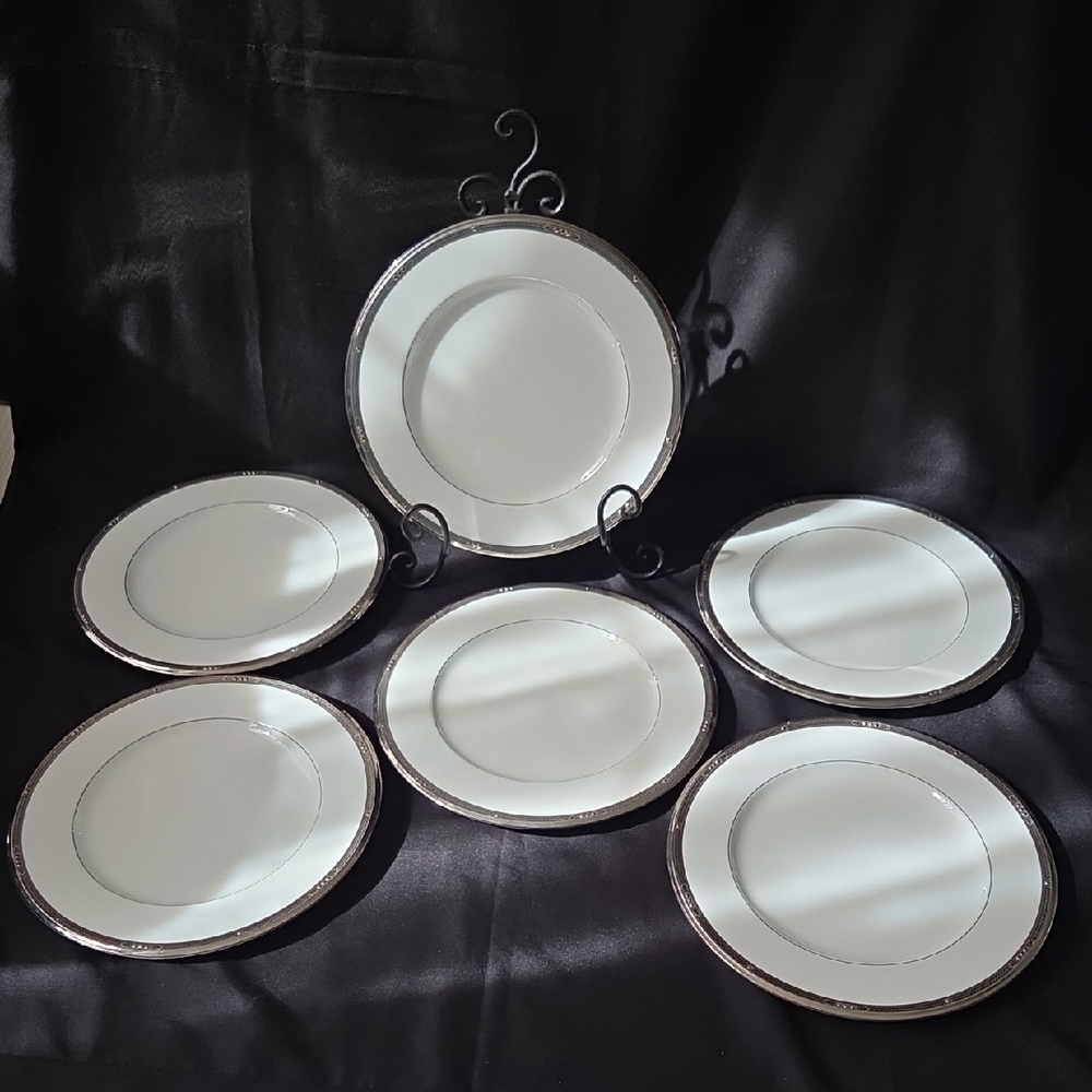 Noritake Set/6 Chatelaine Platinum Dinner Plates (Pattern 4801)